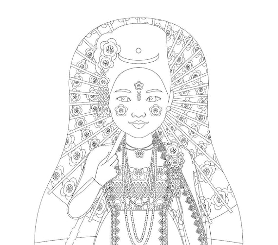 Burmese, Myanmar coloring sheet printable file, traditional folk dress, matryoshka doll