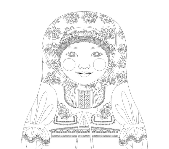 Czech coloring sheet printable file, traditional folk dress, matryoshka doll