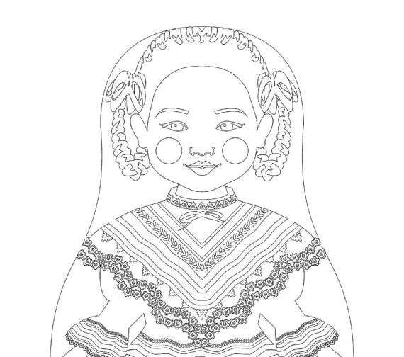 Mexican Dancer coloring sheet printable file, traditional folk dress, matryoshka doll