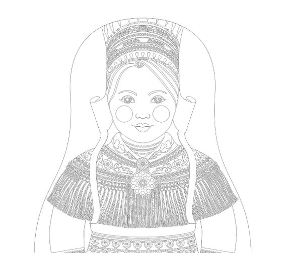 Sami coloring sheet printable file, traditional folk dress, matryoshka doll