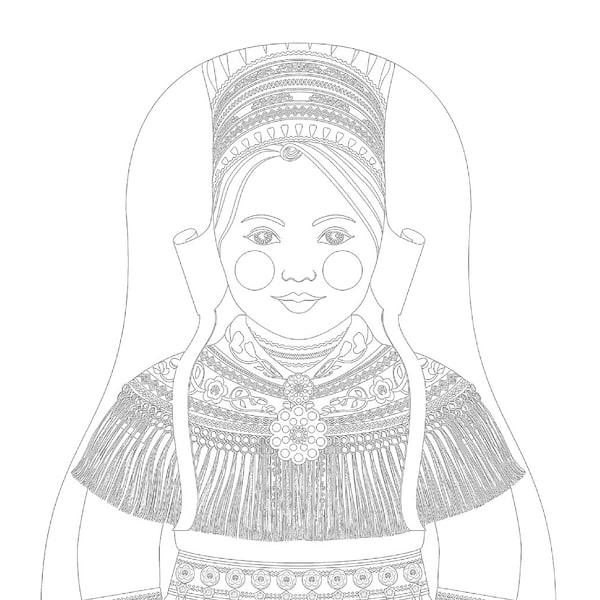 Sami coloring sheet printable file, traditional folk dress, matryoshka doll