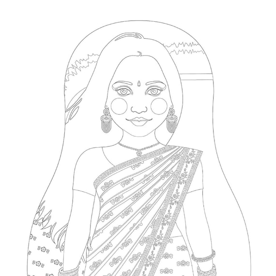 Mauritian, Indian Diaspora coloring sheet printable file, traditional folk dress, matryoshka doll