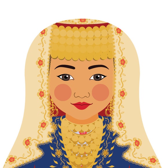Turk Bride Art Print with traditional folk dress, matryoshka doll