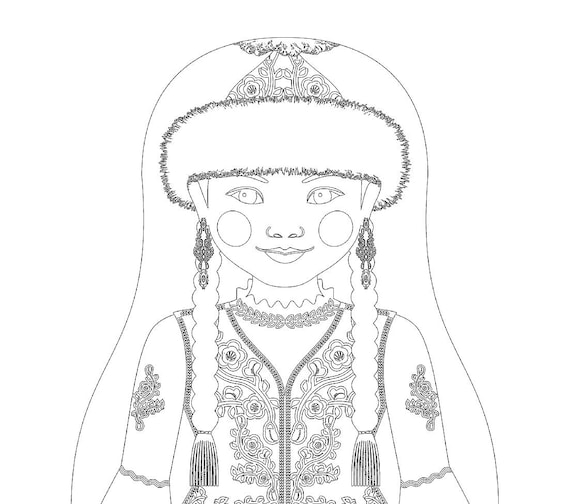 Kazakh coloring sheet printable file, traditional folk dress, matryoshka doll