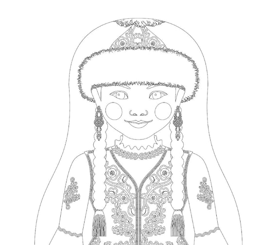 Kazakh coloring sheet printable file, traditional folk dress, matryoshka doll