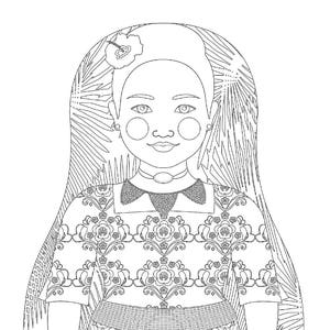 Op de afbeelding: Een zwart-witte lijntekening van een meisje met lang haar dat een bloemenjurk draagt en een bloem in haar haar heeft.