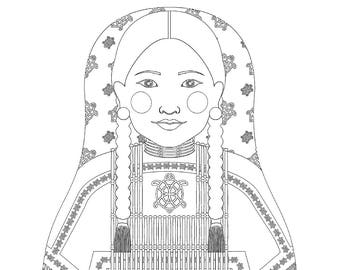 Fichier imprimable de feuille de coloriage américain, amérindien, robe folklorique traditionnelle, poupée matryoshka