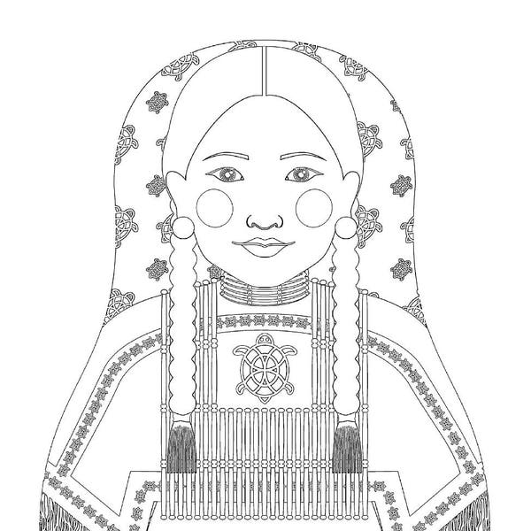 American, Native American coloring sheet printable file, traditional folk dress, matryoshka doll