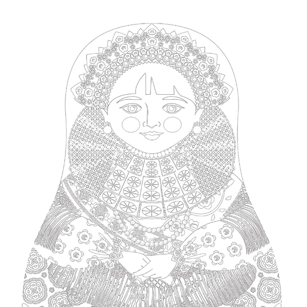 Croatian, Slavonija coloring sheet printable file, traditional folk dress, matryoshka doll