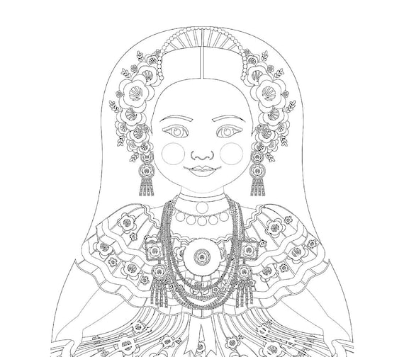 Panamanian coloring sheet printable file, traditional folk dress, matryoshka doll