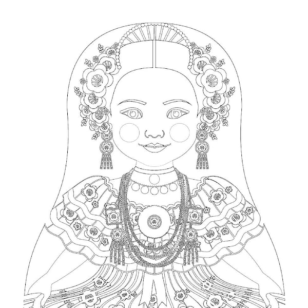 Panamanian coloring sheet printable file, traditional folk dress, matryoshka doll