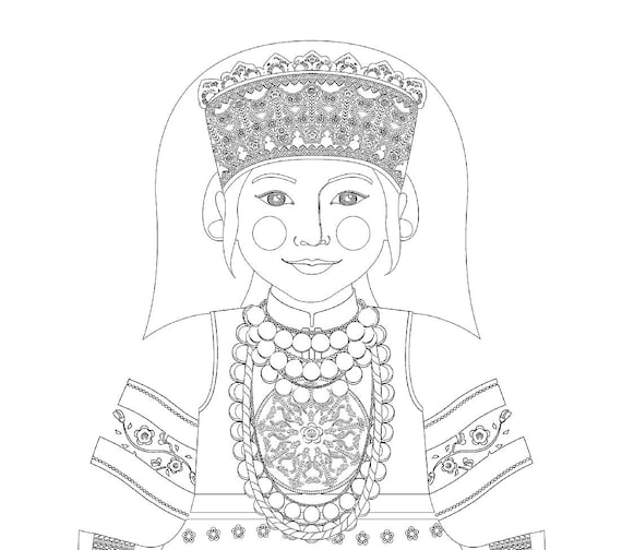 Estonian, Seto coloring sheet printable file, traditional folk dress, matryoshka doll