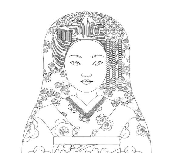 Japanese Geisha coloring sheet printable file, traditional folk dress, matryoshka doll