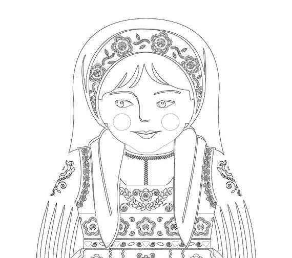 Portuguese coloring sheet printable file, traditional folk dress, matryoshka doll