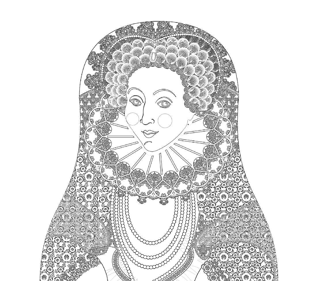 Queen Elizabeth I of England coloring sheet printable file, matryoshka doll