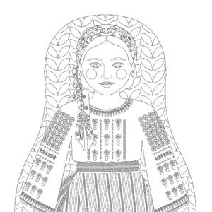 Könnte beinhalten: Schwarz-weiß-Zeichnung einer Frau in einem traditionellen, bestickten Kleid und einem Blumenkopfband. Die Frau ist in einem stilisierten, volkstümlichen Stil dargestellt.