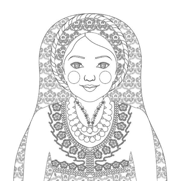 Greek coloring sheet printable file, traditional folk dress, matryoshka doll