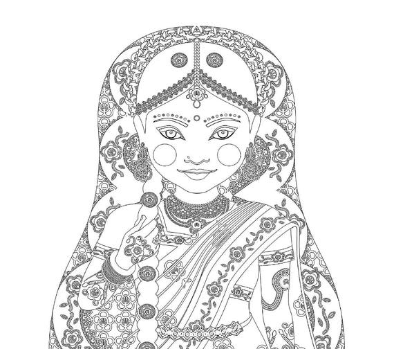 South Indian Bride coloring sheet printable file, traditional folk dress, matryoshka doll