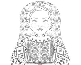 Belarusian coloring sheet printable file, traditional folk dress, matryoshka doll