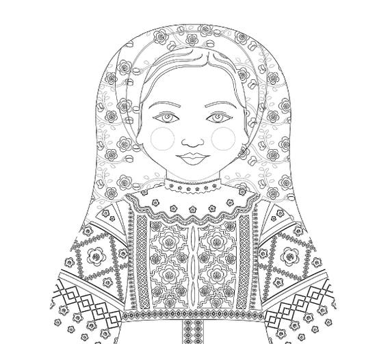 Belarusian coloring sheet printable file, traditional folk dress, matryoshka doll