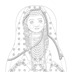 May include: A black and white line drawing of a woman wearing a traditional Russian nesting doll costume. She has a long braid and is wearing a long dress with a floral pattern and a beaded necklace.