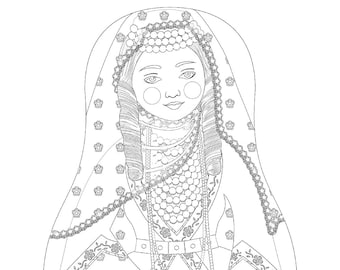 Fichier imprimable de feuille de coloriage arménien, robe folklorique traditionnelle, poupée matryoshka