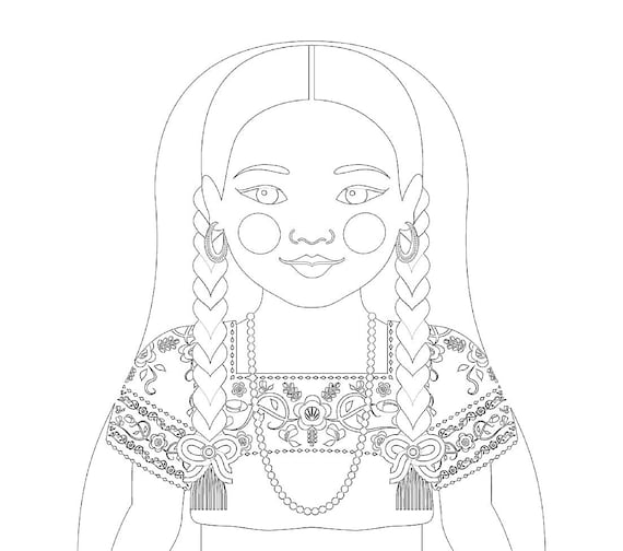 Mexican, China Poblana coloring sheet printable file, traditional folk dress, matryoshka doll