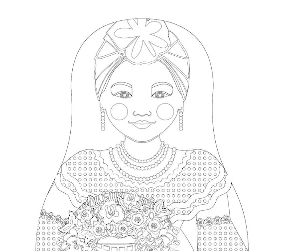 Sienna Cuban coloring sheet printable file, traditional folk dress, matryoshka doll