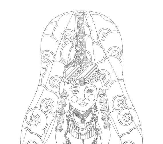 Lebanese (tall headdress) coloring sheet printable file, traditional folk dress, matryoshka doll