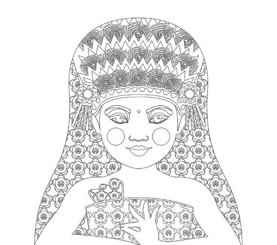 Balinese Dancer coloring sheet printable file, traditional folk dress, matryoshka doll