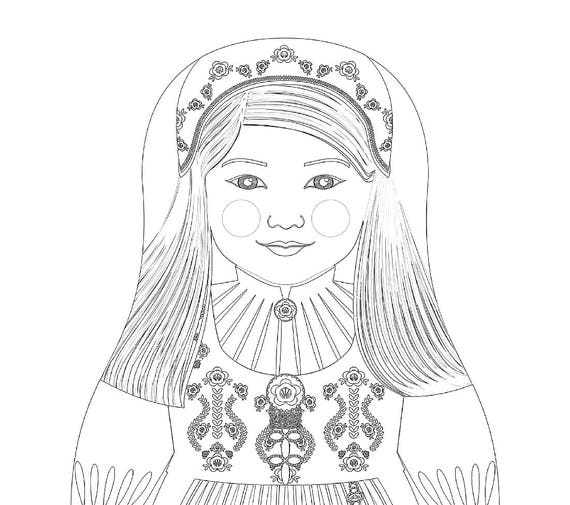 Norwegian coloring sheet printable file, traditional folk dress, matryoshka doll