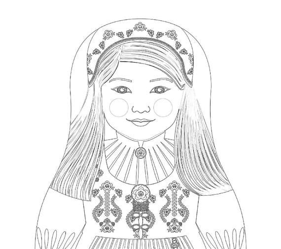 Norwegian coloring sheet printable file, traditional folk dress, matryoshka doll