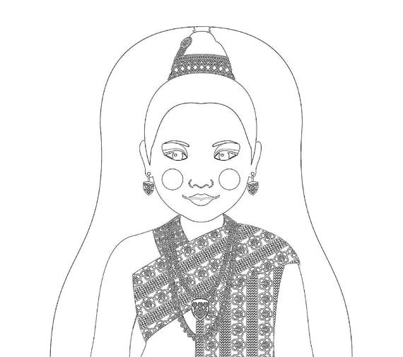 Laotian coloring sheet printable file, traditional folk dress, matryoshka doll
