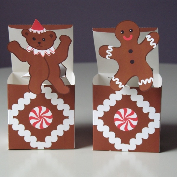 Teddy Bear and Gingerbread Man, Jack in the Box Pop Up DIY Paper Printable Toy Crafts PDF and PNG files