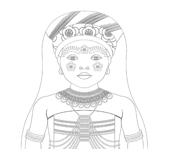 South African, Xhosa coloring sheet printable file, traditional folk dress, matryoshka doll