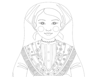 Croatian, Istrian coloring sheet printable file, traditional folk dress, matryoshka doll