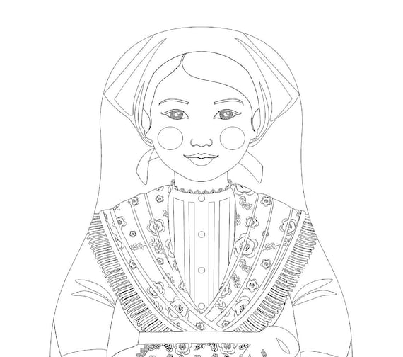 Croatian, Istrian coloring sheet printable file, traditional folk dress, matryoshka doll