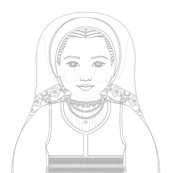 Croatian, Lika coloring sheet printable file, traditional folk dress, matryoshka doll