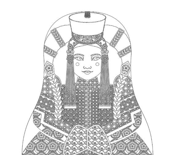 Mongol coloring sheet printable file, traditional folk dress, matryoshka doll