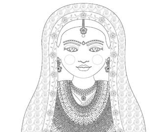 Nepali Bride coloring sheet printable file, traditional folk dress, matryoshka doll