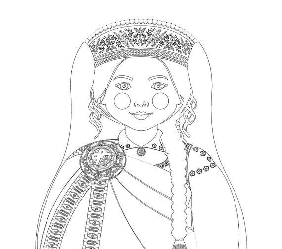 Latvian coloring sheet printable file, traditional folk dress, matryoshka doll