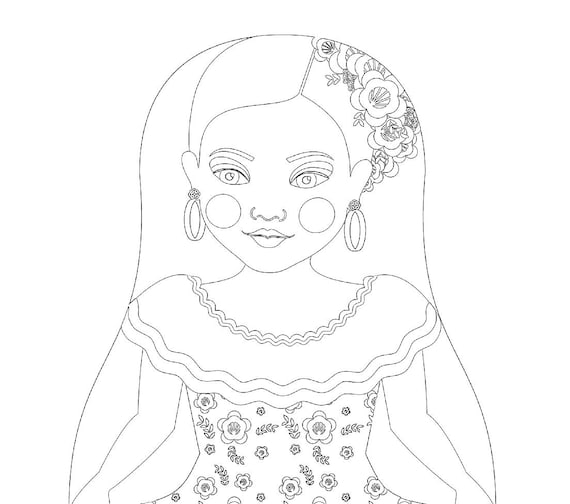 Venezuelan Dancer coloring sheet printable file, traditional folk dress, matryoshka doll