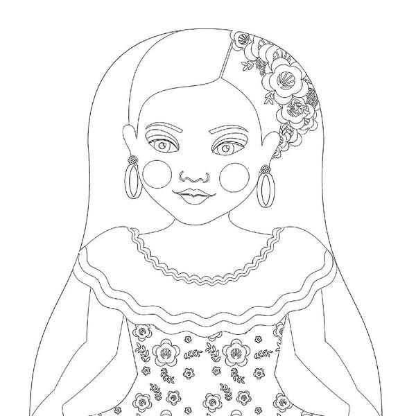 Venezuelan Dancer coloring sheet printable file, traditional folk dress, matryoshka doll