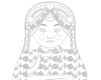 Tibetan coloring sheet printable file, traditional folk dress, matryoshka doll