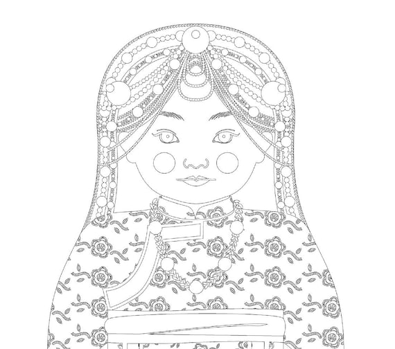 Tibetan coloring sheet printable file, traditional folk dress, matryoshka doll