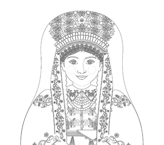 Pole, Łowicz Bride coloring sheet printable file, traditional folk dress, matryoshka doll