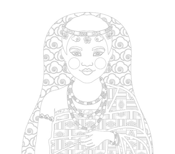 Ghanaian coloring sheet printable file, traditional folk dress, matryoshka doll