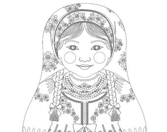 Pole coloring sheet printable file, traditional folk dress, matryoshka doll