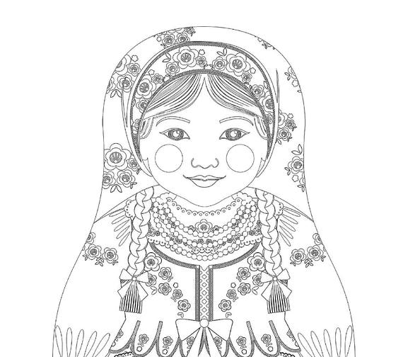 Pole coloring sheet printable file, traditional folk dress, matryoshka doll