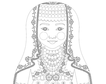 Turk Bride coloring sheet printable file, traditional folk dress, matryoshka doll